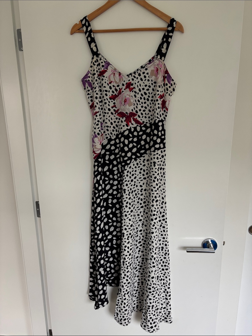 Spotted Floral Midi Slip Dress in White, Black & Pink